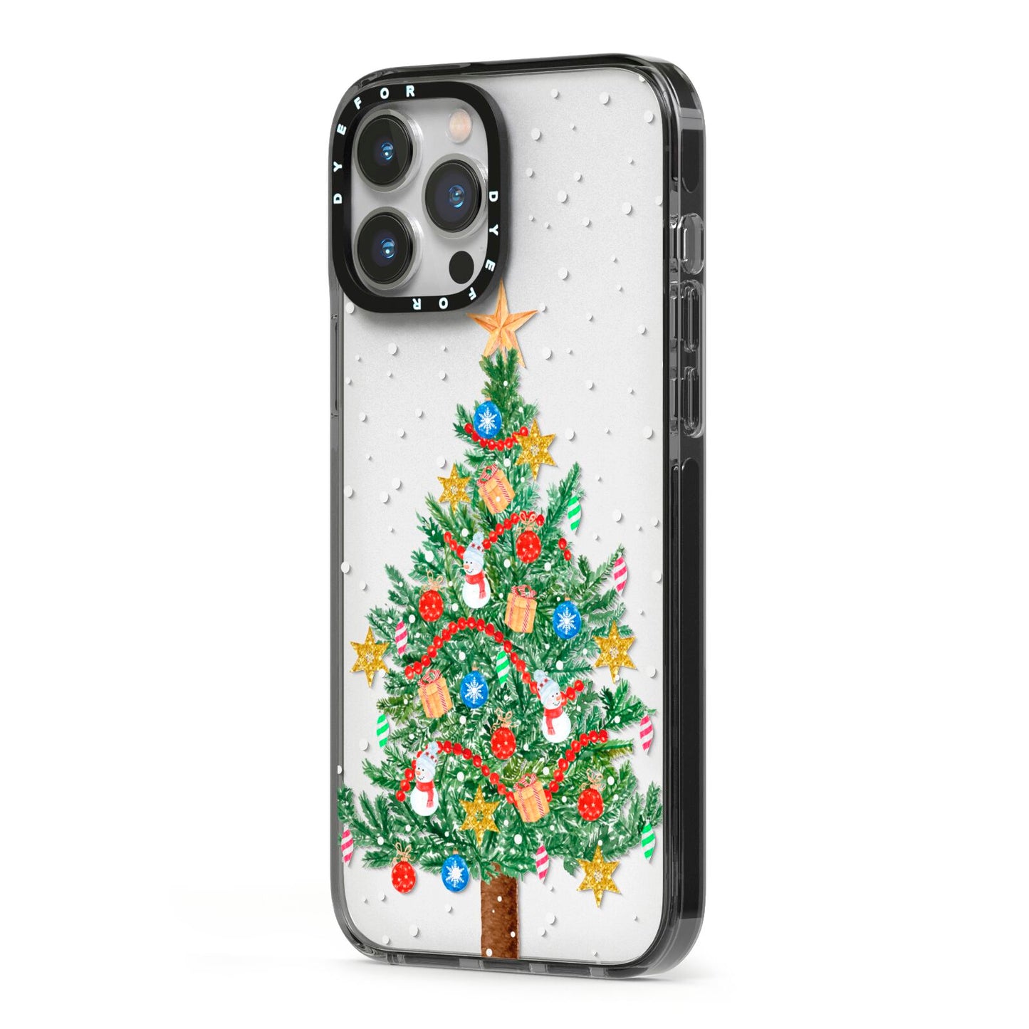Sparkling Christmas Tree iPhone 13 Pro Max Black Impact Case Side Angle on Silver phone