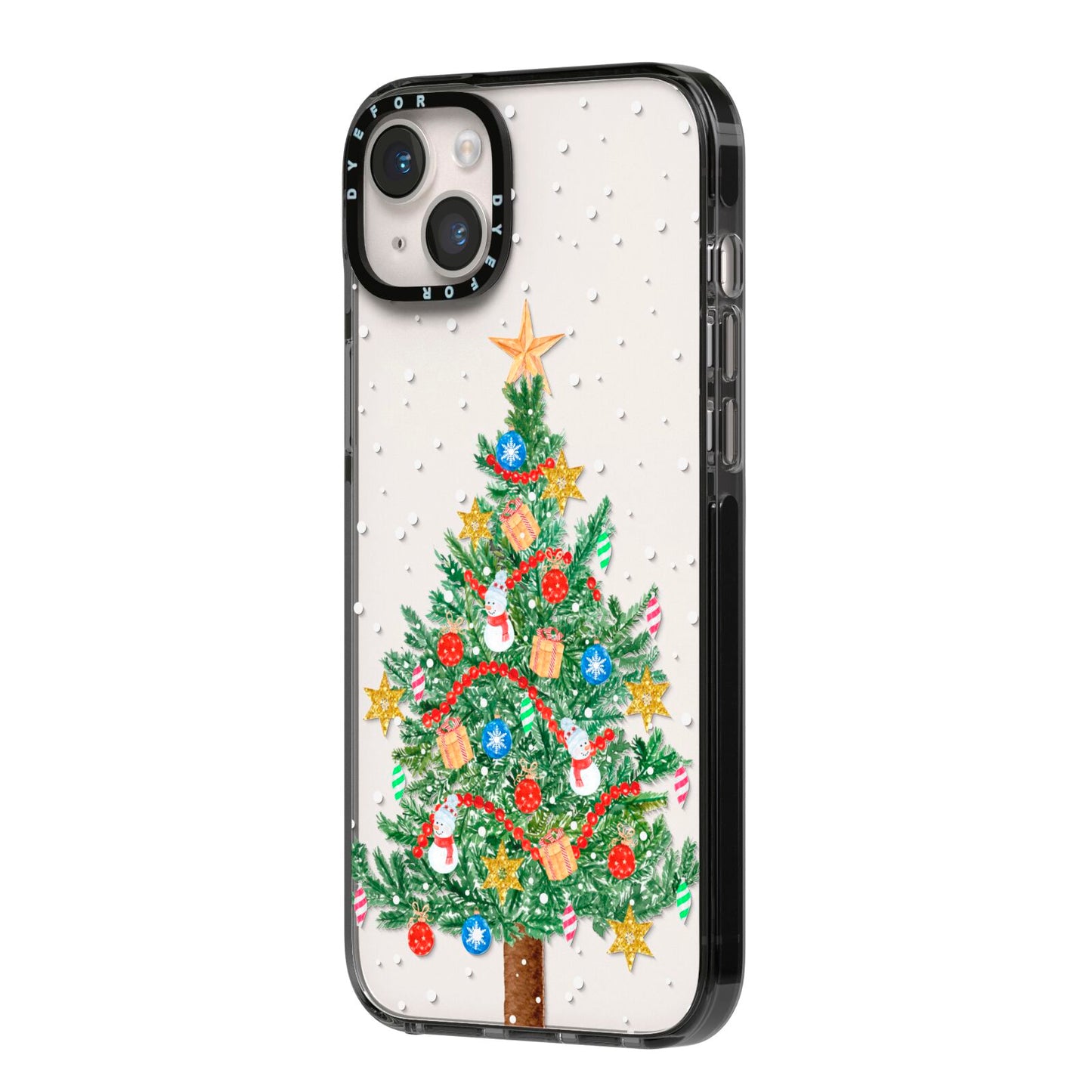 Sparkling Christmas Tree iPhone 14 Plus Black Impact Case Side Angle on Silver phone