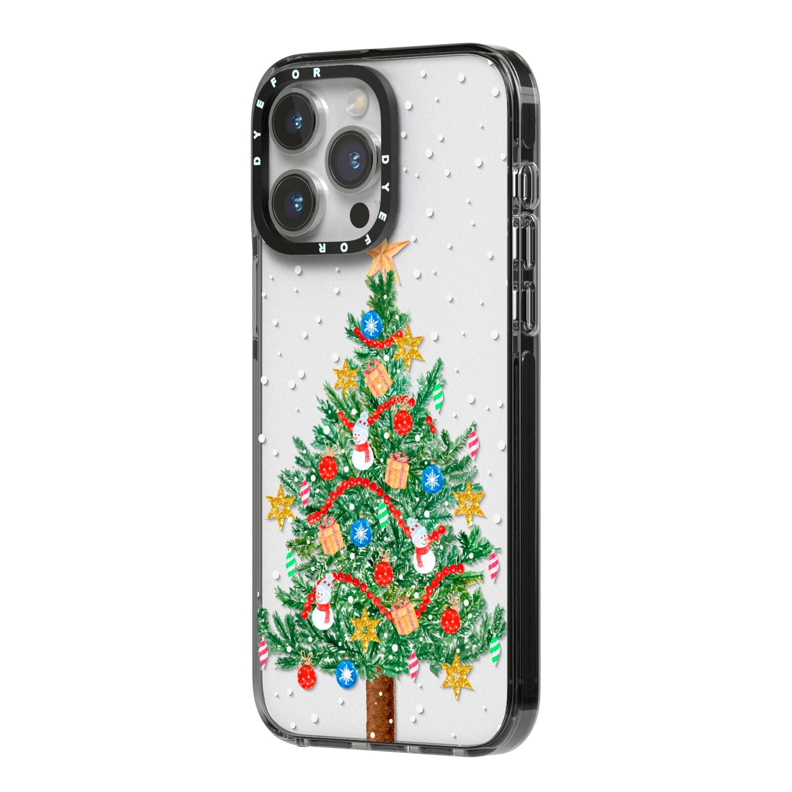 Sparkling Christmas Tree iPhone 14 Pro Max Black Impact Case Side Angle on Silver phone