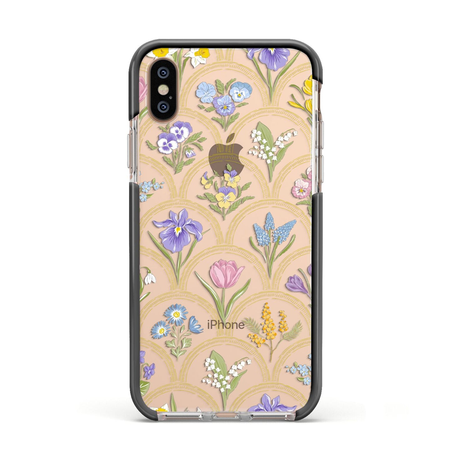 Spring Floral Pattern Apple iPhone Xs Impact Case Black Edge on Gold Phone