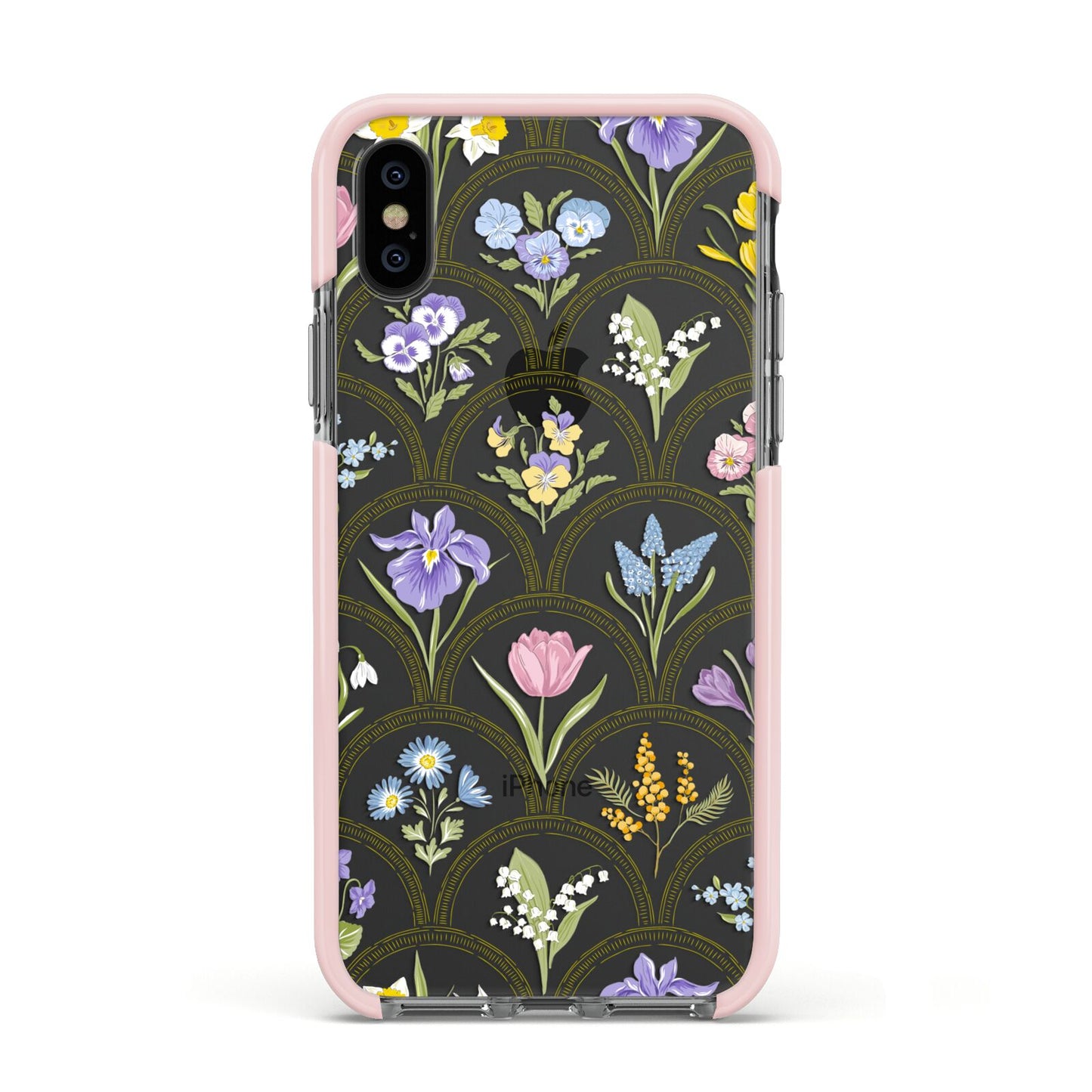 Spring Floral Pattern Apple iPhone Xs Impact Case Pink Edge on Black Phone