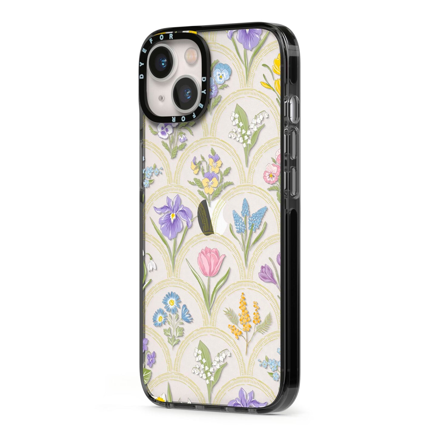 Spring Floral Pattern iPhone 13 Black Impact Case Side Angle on Silver phone