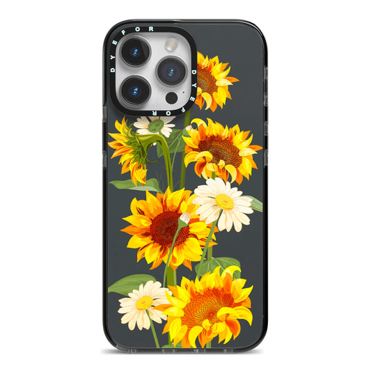 Sunflower Floral iPhone 14 Pro Max Black Impact Case on Silver phone