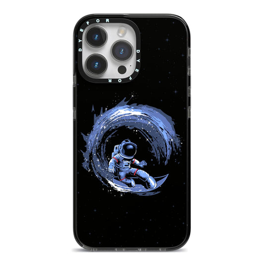 Surfing Astronaut iPhone 14 Pro Max Black Impact Case on Silver phone