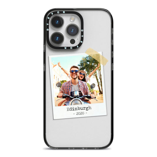 Taped Holiday Snap Photo Upload iPhone 14 Pro Max Black Impact Case on Silver phone