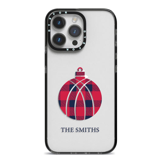 Tartan Christmas Bauble Personalised iPhone 14 Pro Max Black Impact Case on Silver phone