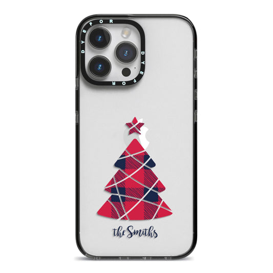 Tartan Christmas Tree Personalised iPhone 14 Pro Max Black Impact Case on Silver phone