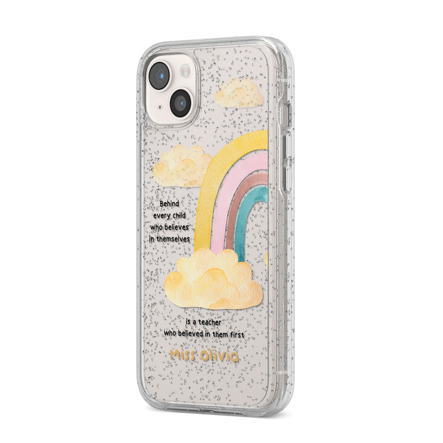 Thank You Teacher Personalised iPhone 14 Plus Glitter Tough Case Starlight Angled Image