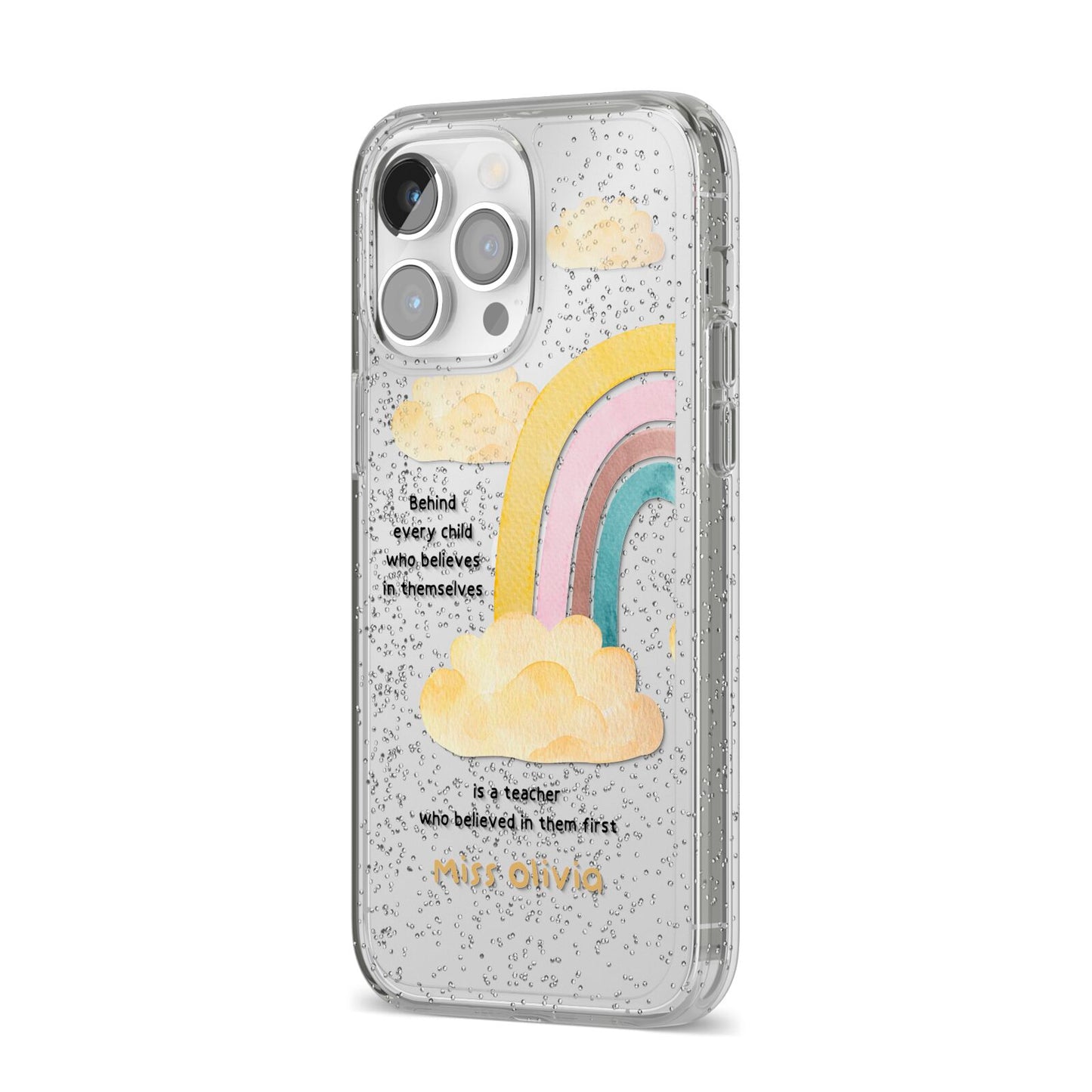 Thank You Teacher Personalised iPhone 14 Pro Max Glitter Tough Case Silver Angled Image