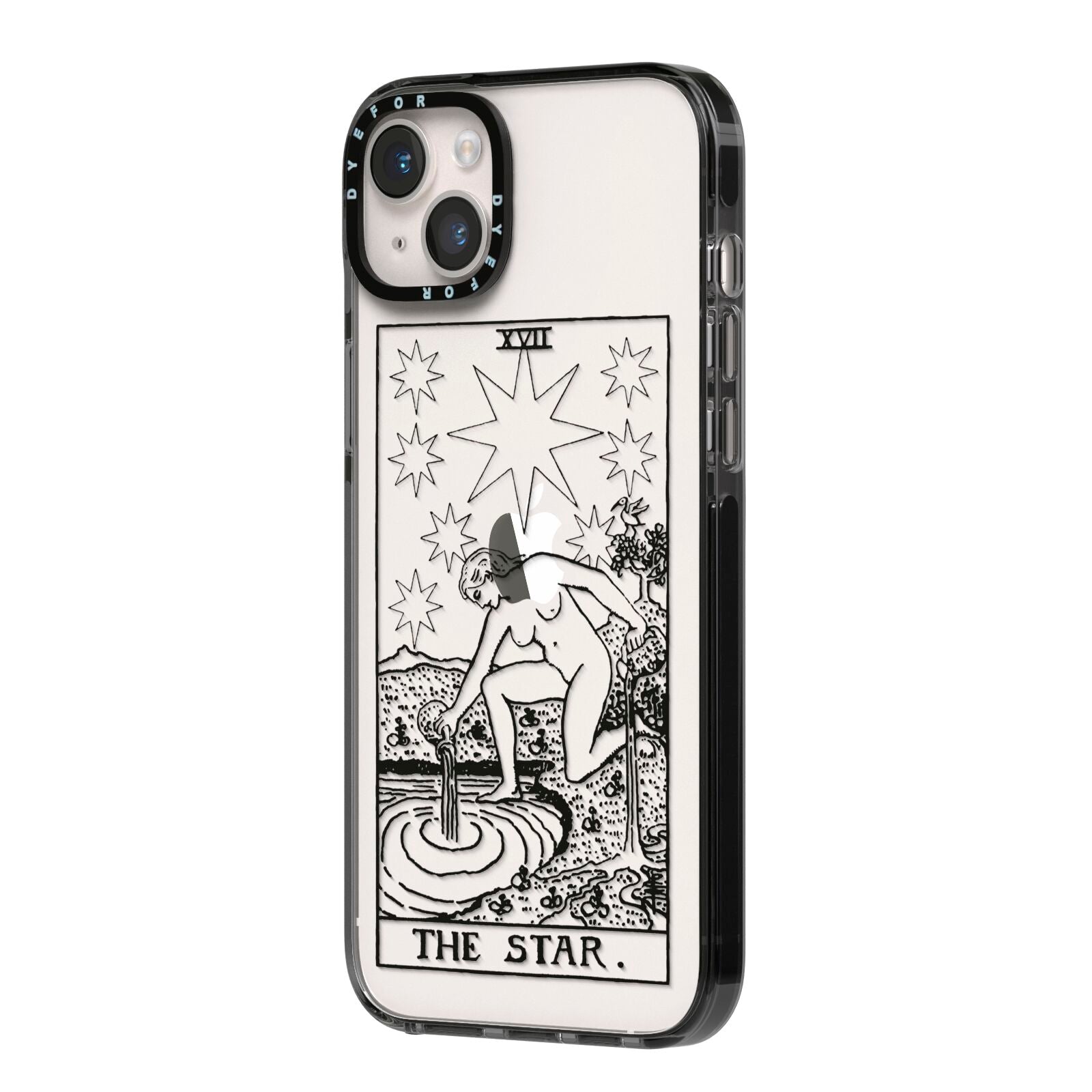 The Star Monochrome Tarot Card iPhone 14 Plus Black Impact Case Side Angle on Silver phone
