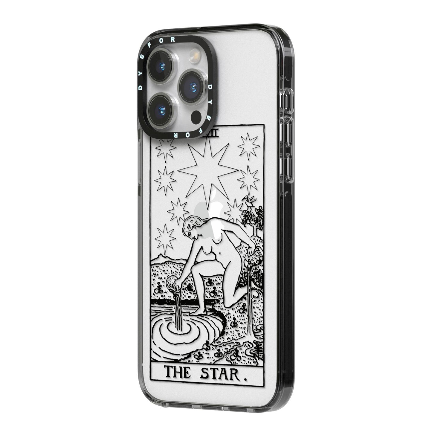 The Star Monochrome Tarot Card iPhone 14 Pro Max Black Impact Case Side Angle on Silver phone