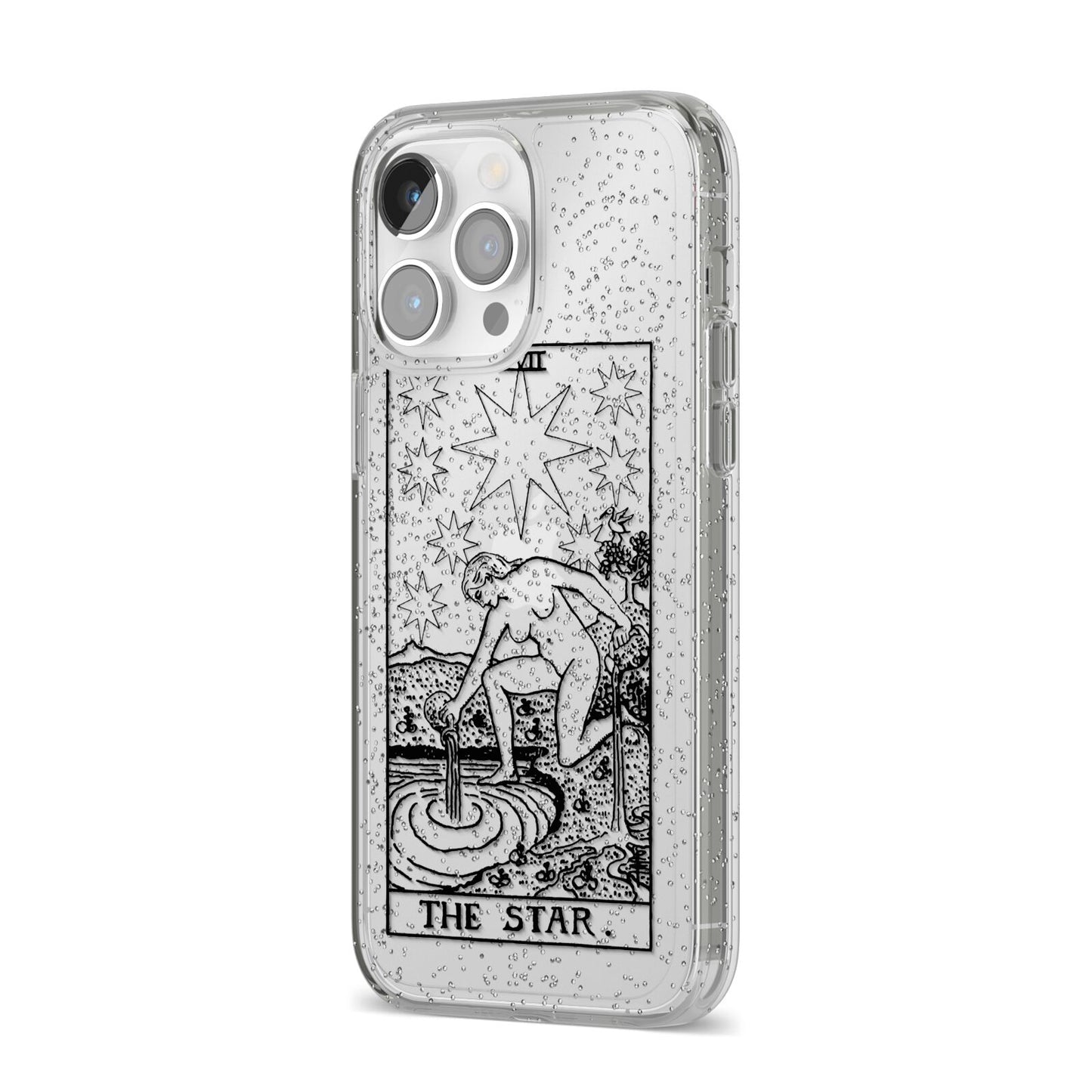 The Star Monochrome Tarot Card iPhone 14 Pro Max Glitter Tough Case Silver Angled Image