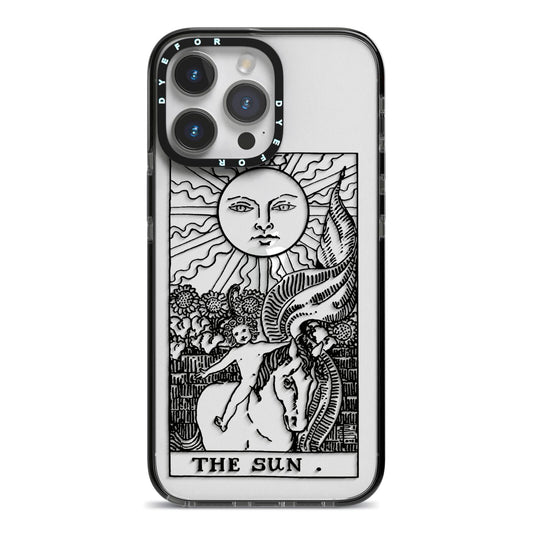 The Sun Monochrome iPhone 14 Pro Max Black Impact Case on Silver phone
