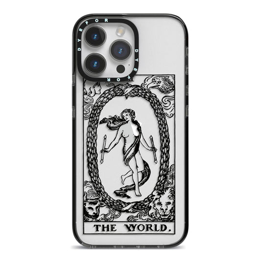 The World Monochrome iPhone 14 Pro Max Black Impact Case on Silver phone