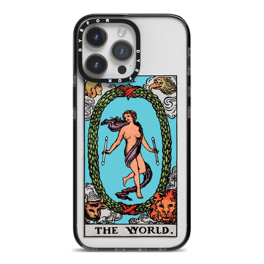 The World Tarot Card iPhone 14 Pro Max Black Impact Case on Silver phone