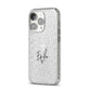 Transparent Black Handwritten Name iPhone 14 Pro Glitter Tough Case Silver Angled Image