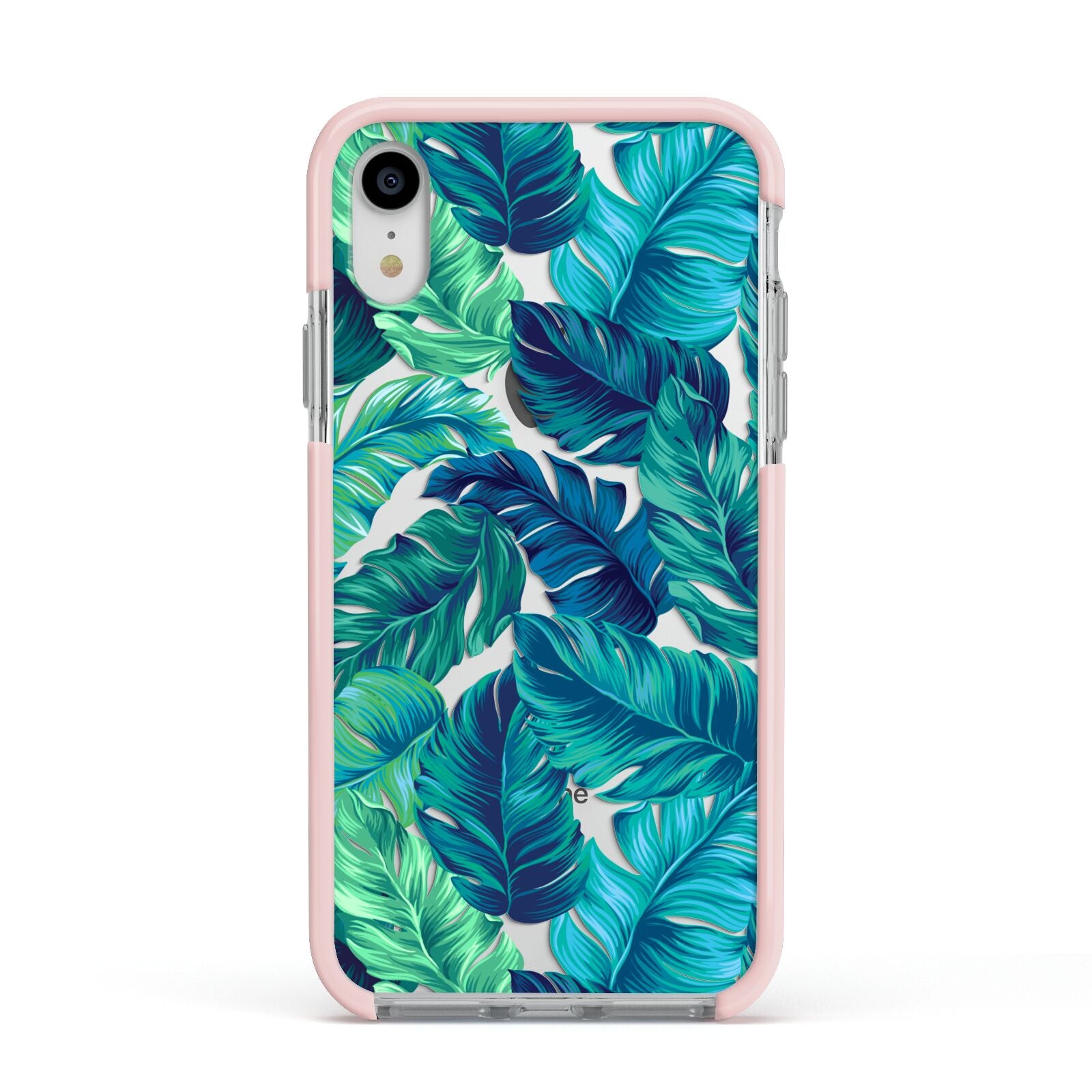 Tropical Leaves Apple iPhone XR Impact Case Pink Edge on Silver Phone
