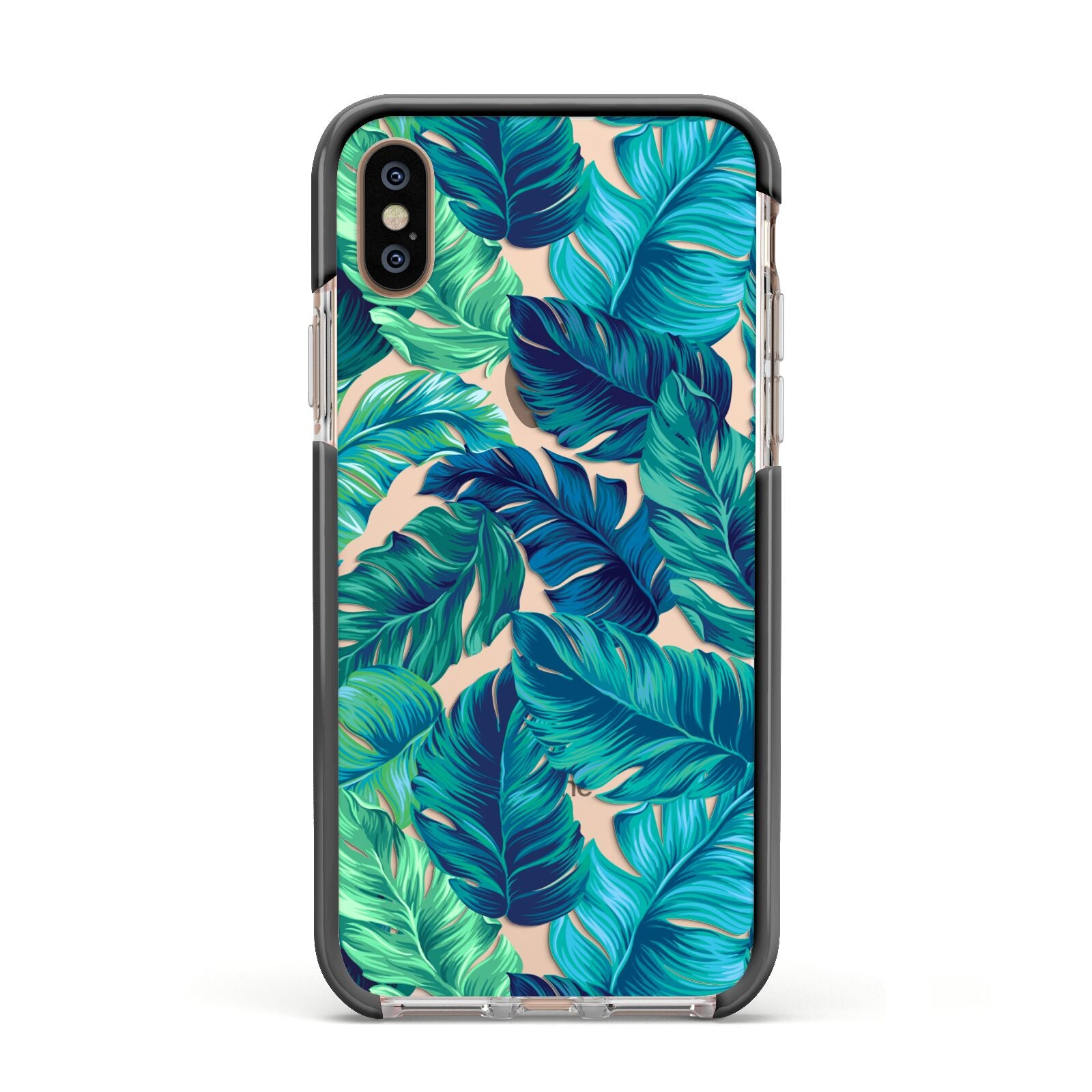 Tropical Leaves Apple iPhone Xs Impact Case Black Edge on Gold Phone
