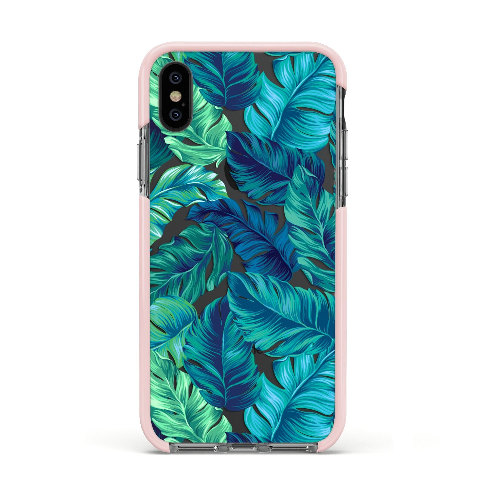 Tropical Leaves Apple iPhone Xs Impact Case Pink Edge on Black Phone
