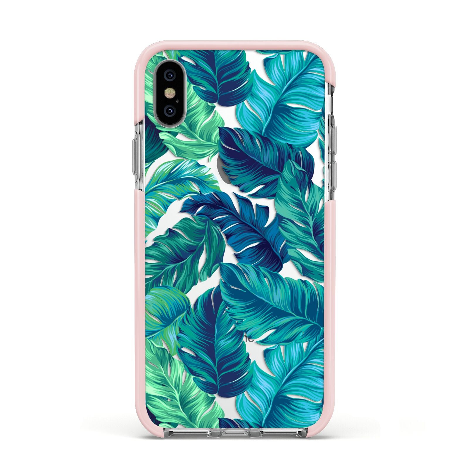 Tropical Leaves Apple iPhone Xs Impact Case Pink Edge on Silver Phone