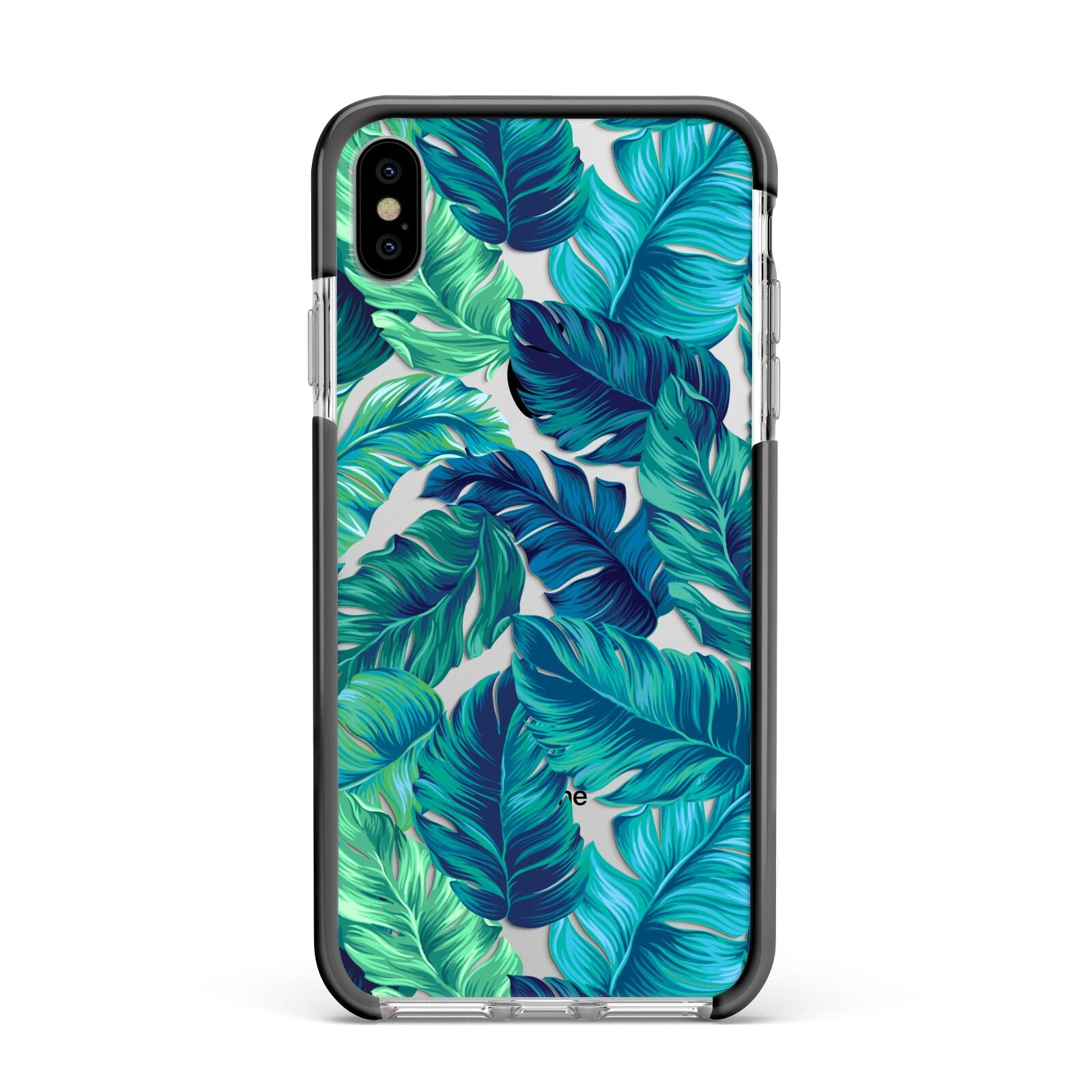 Tropical Leaves Apple iPhone Xs Max Impact Case Black Edge on Silver Phone