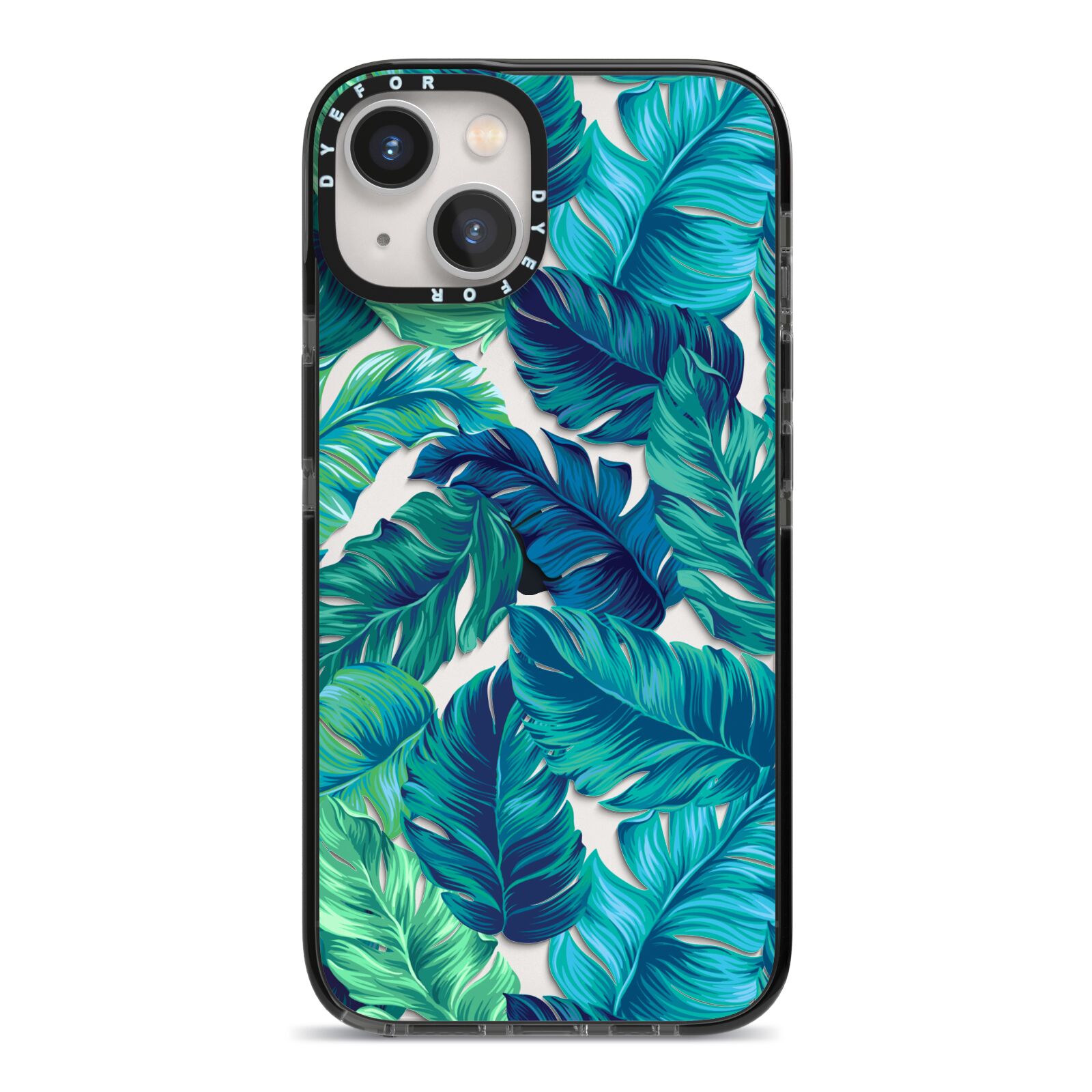 Tropical Leaves iPhone 13 Black Impact Case on Silver phone