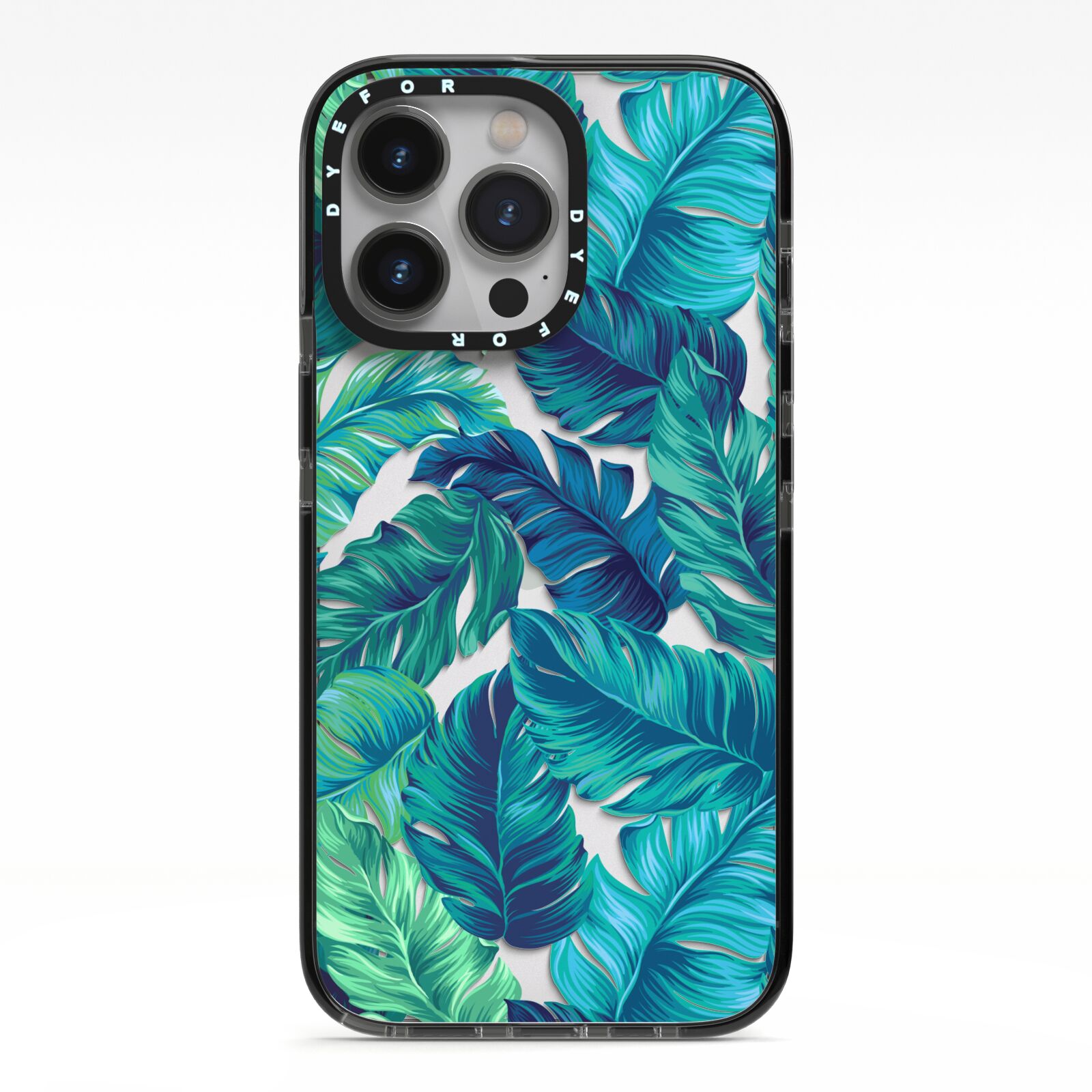 Tropical Leaves iPhone 13 Pro Black Impact Case on Silver phone