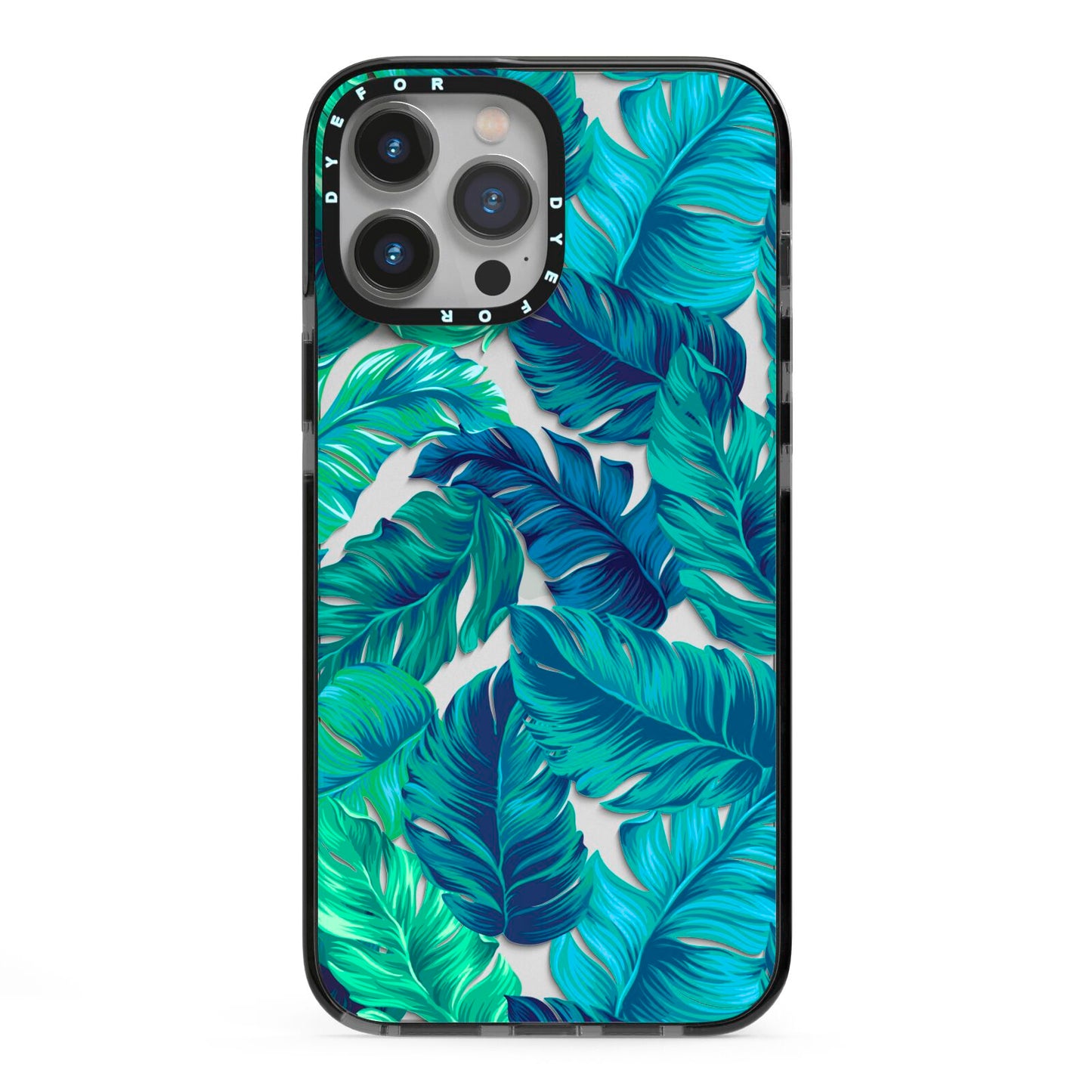 Tropical Leaves iPhone 13 Pro Max Black Impact Case on Silver phone