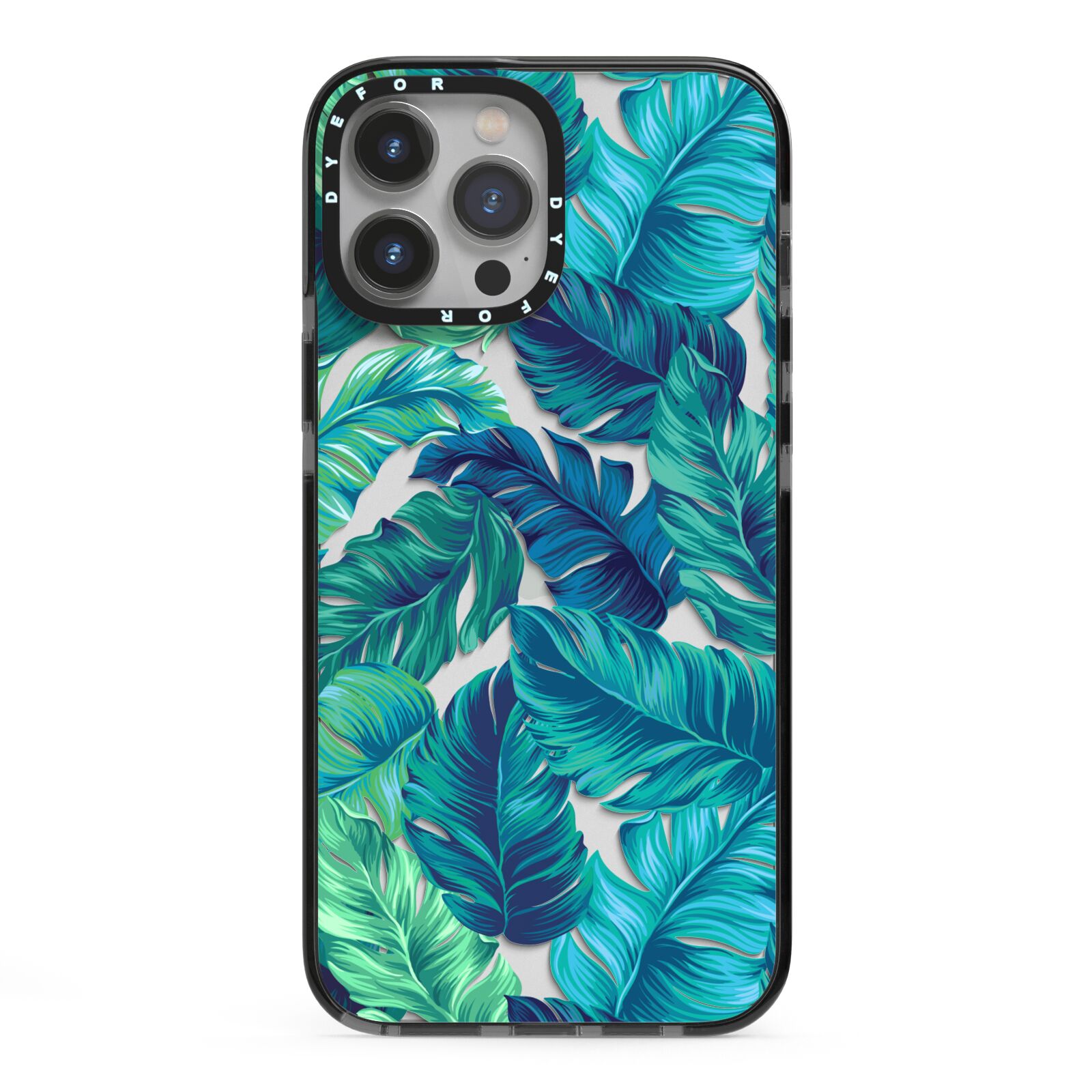 Tropical Leaves iPhone 13 Pro Max Black Impact Case on Silver phone