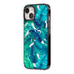 Tropical Leaves iPhone 14 Black Impact Case Side Angle on Silver phone