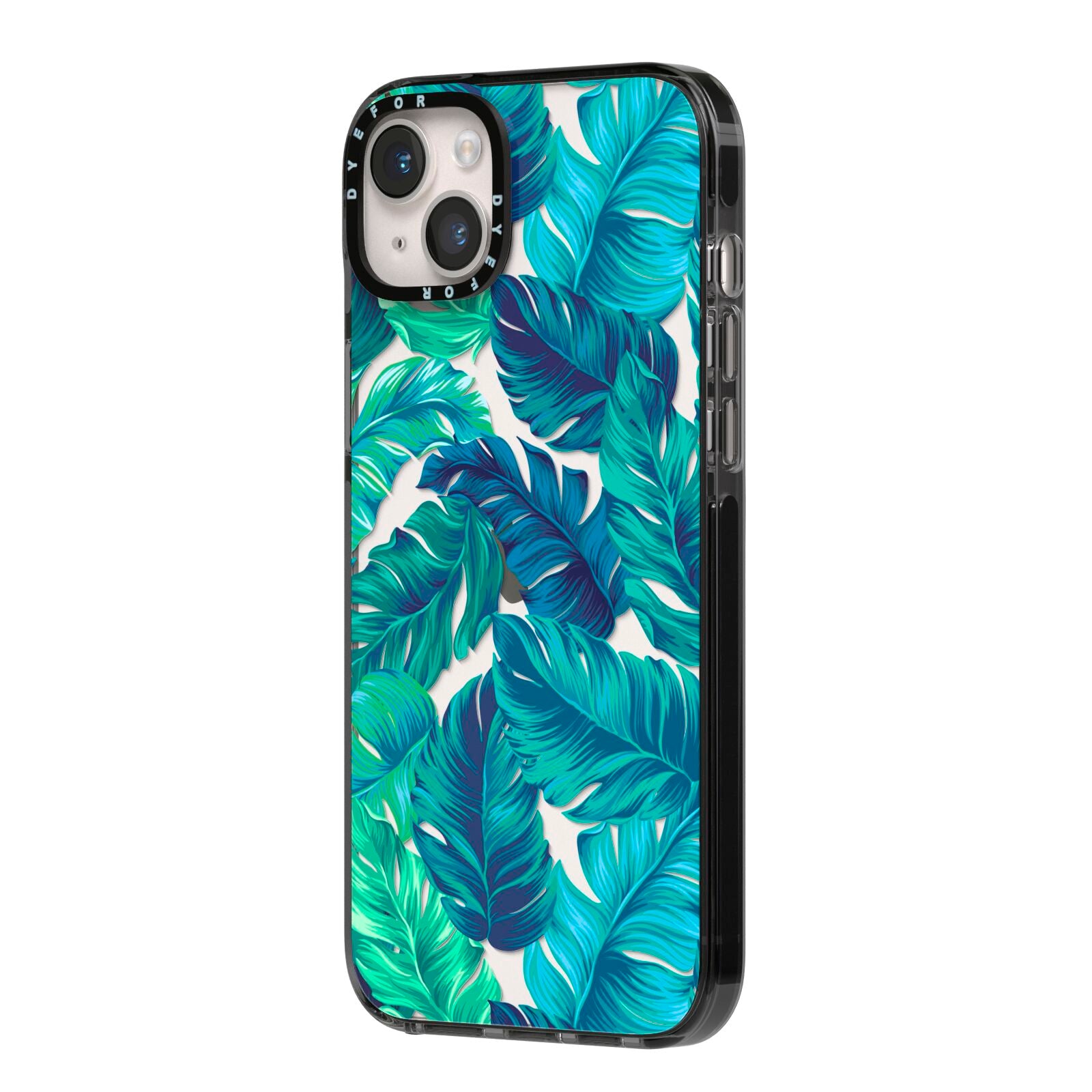 Tropical Leaves iPhone 14 Plus Black Impact Case Side Angle on Silver phone