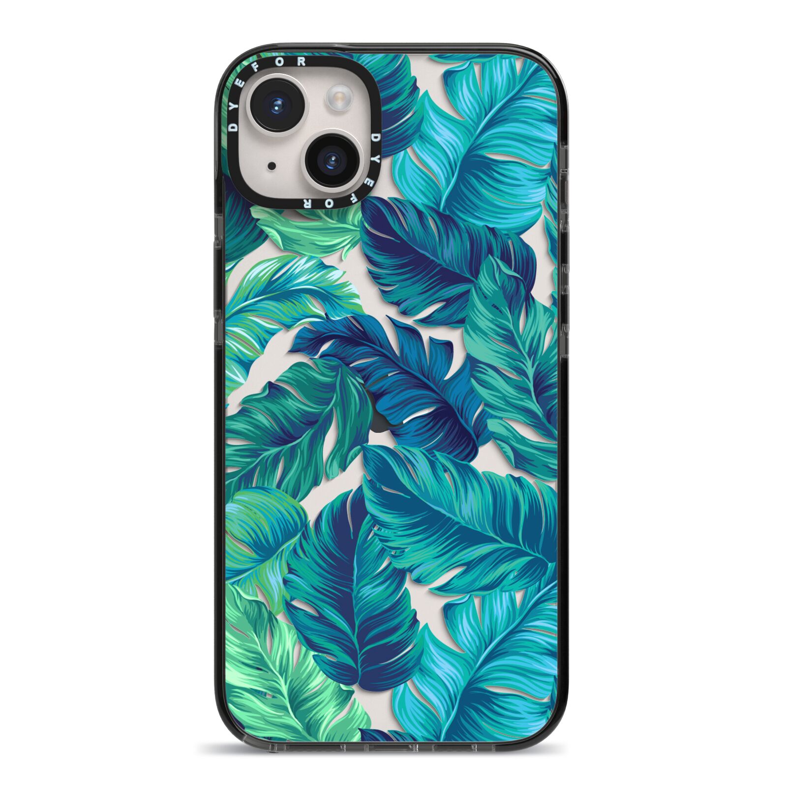 Tropical Leaves iPhone 14 Plus Black Impact Case on Silver phone