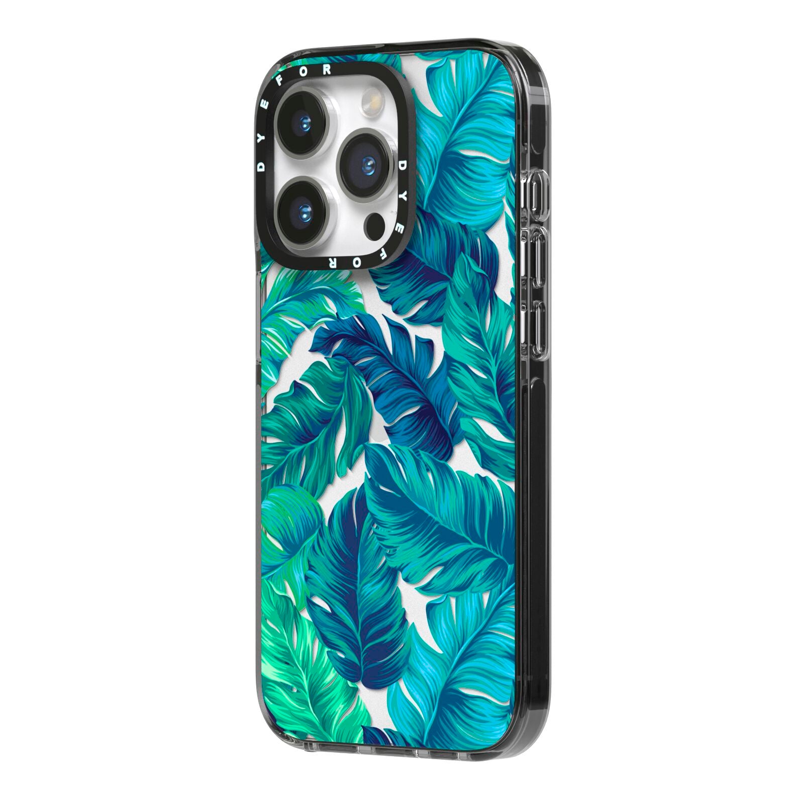 Tropical Leaves iPhone 14 Pro Black Impact Case Side Angle on Silver phone