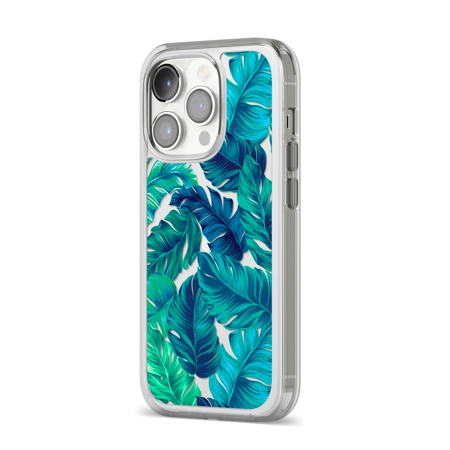 Tropical Leaves iPhone 14 Pro Clear Tough Case Silver Angled Image