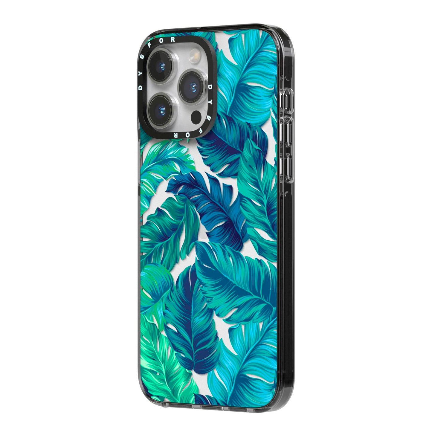 Tropical Leaves iPhone 14 Pro Max Black Impact Case Side Angle on Silver phone
