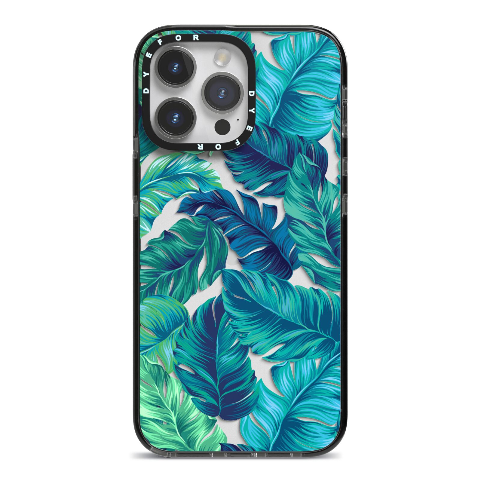 Tropical Leaves iPhone 14 Pro Max Black Impact Case on Silver phone