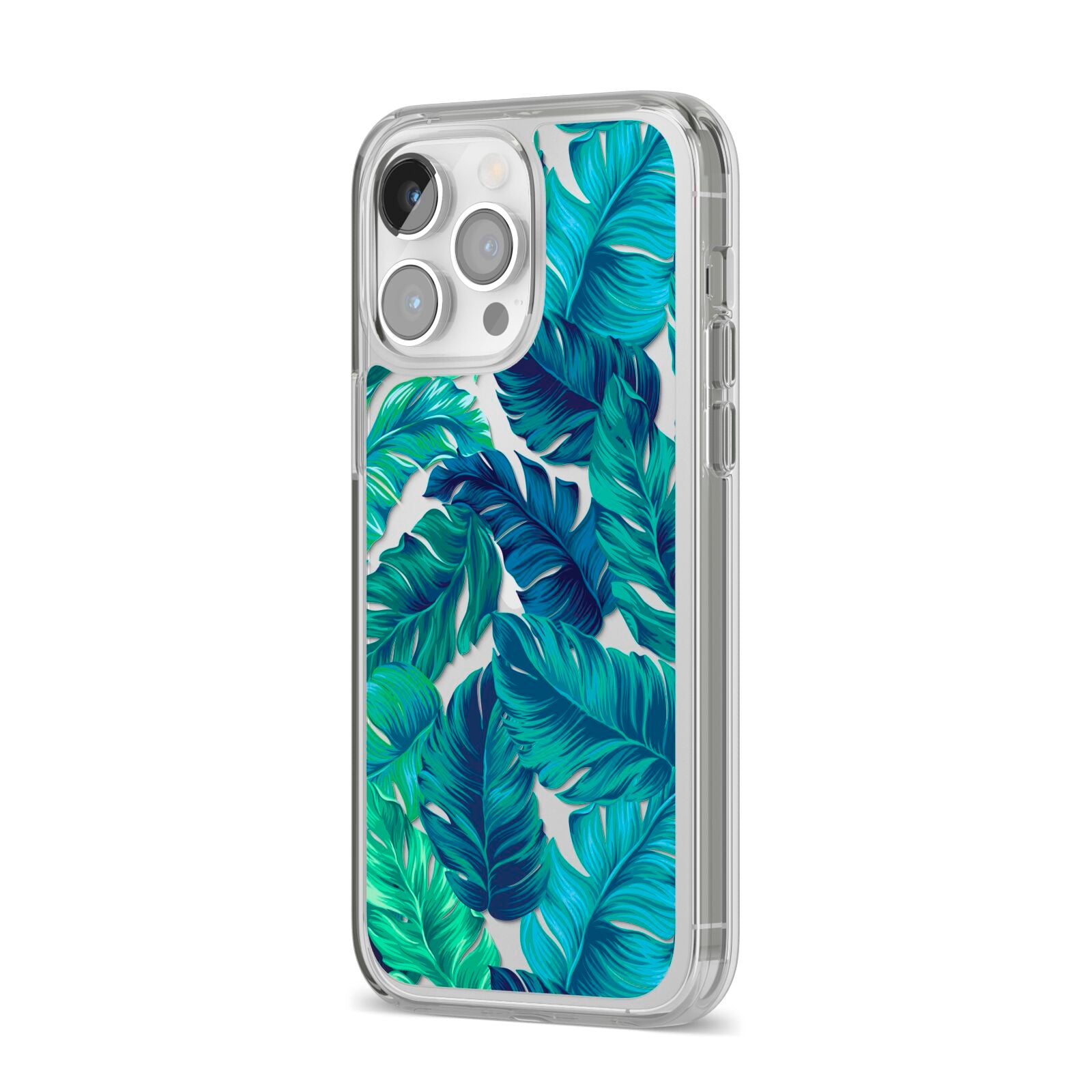 Tropical Leaves iPhone 14 Pro Max Clear Tough Case Silver Angled Image