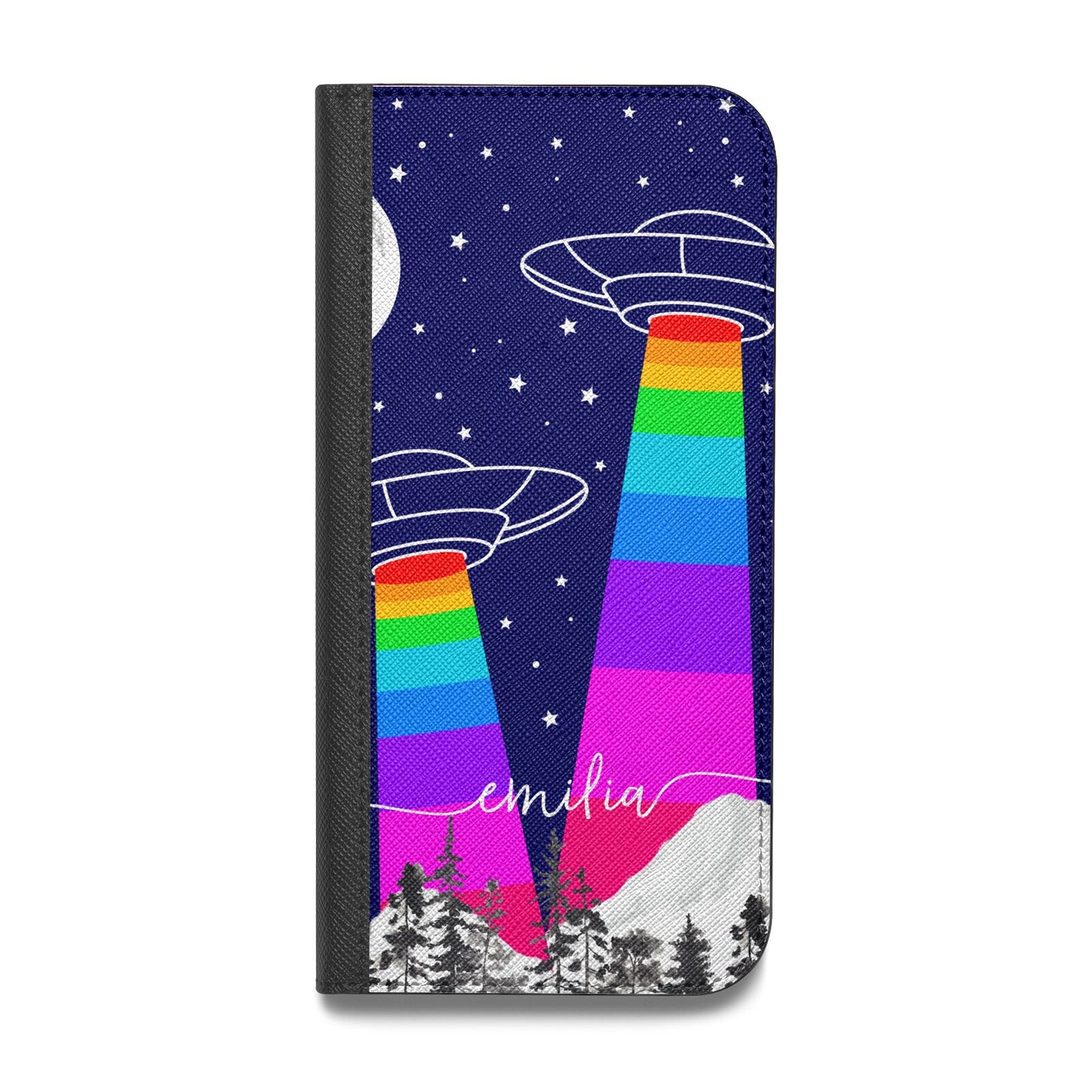 UFO Forest Scene Personalised Name Vegan Leather Flip Samsung Case