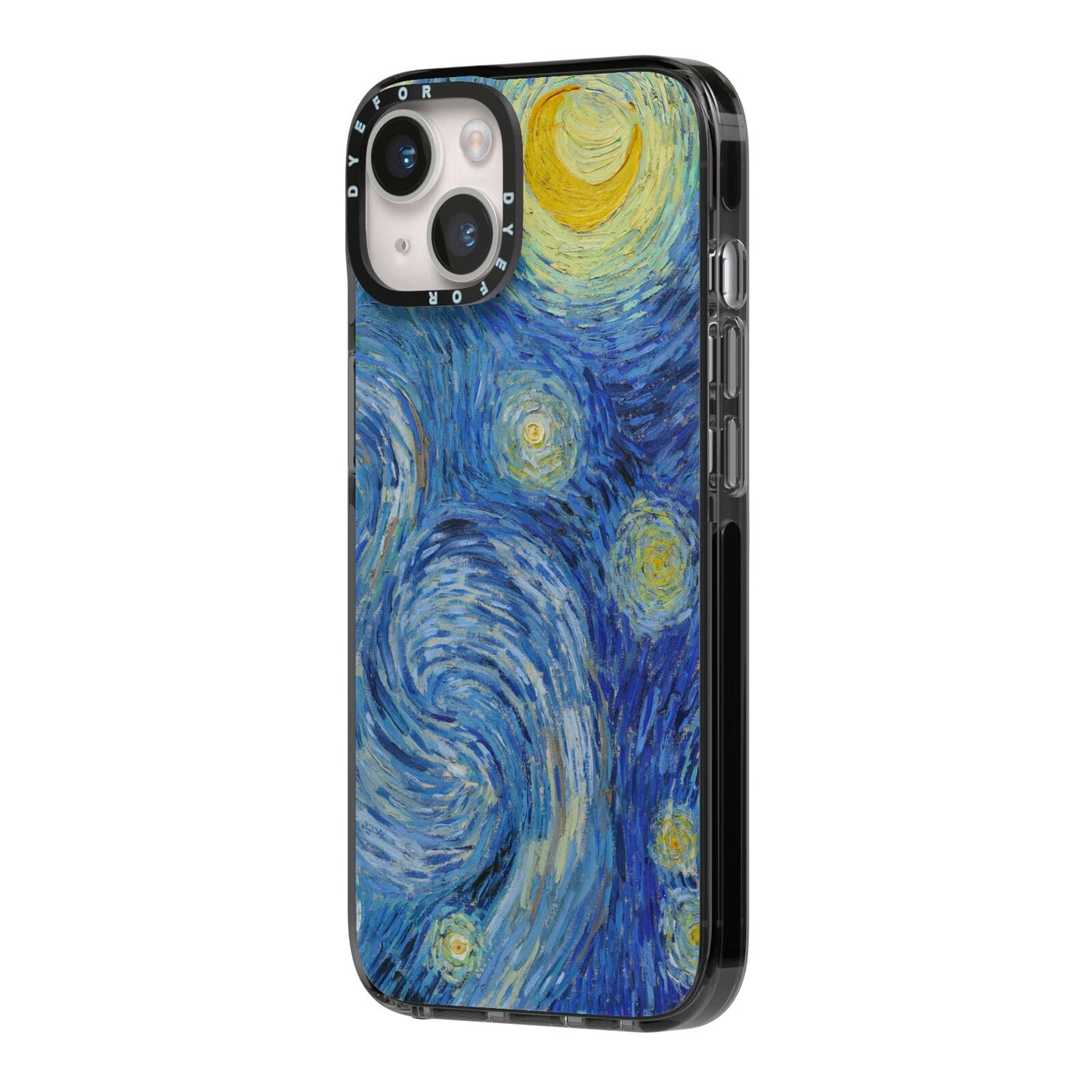 Van Gogh Starry Night iPhone 14 Black Impact Case Side Angle on Silver phone