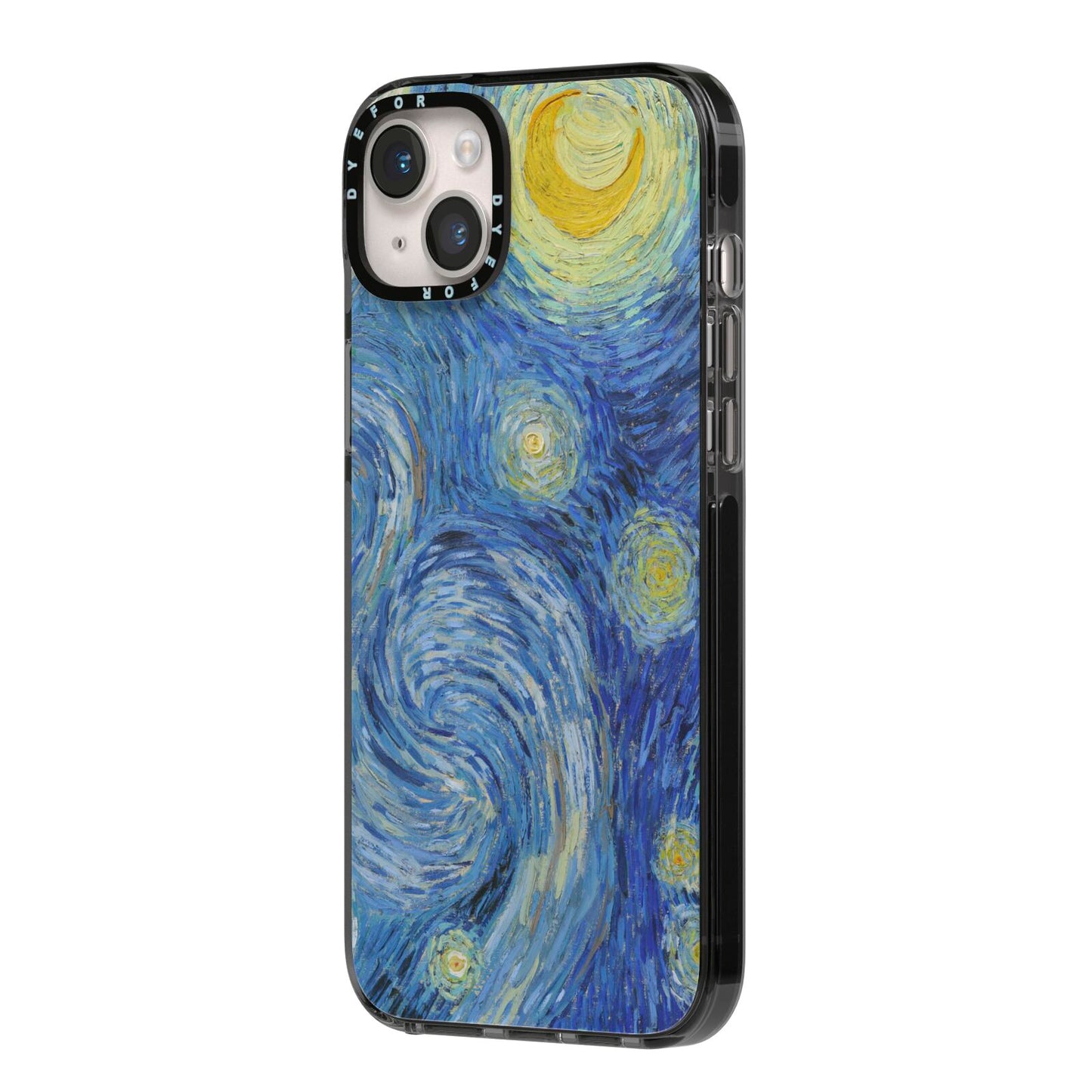 Van Gogh Starry Night iPhone 14 Plus Black Impact Case Side Angle on Silver phone