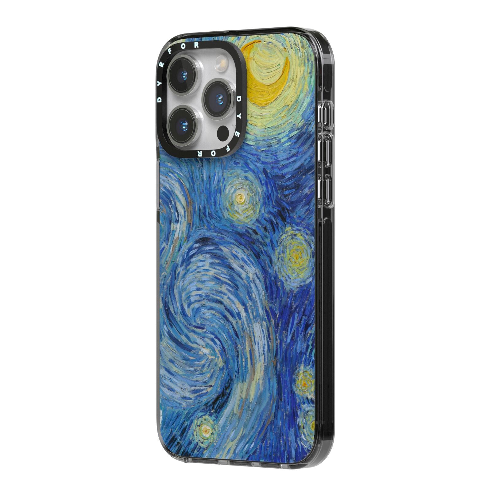 Van Gogh Starry Night iPhone 14 Pro Max Black Impact Case Side Angle on Silver phone