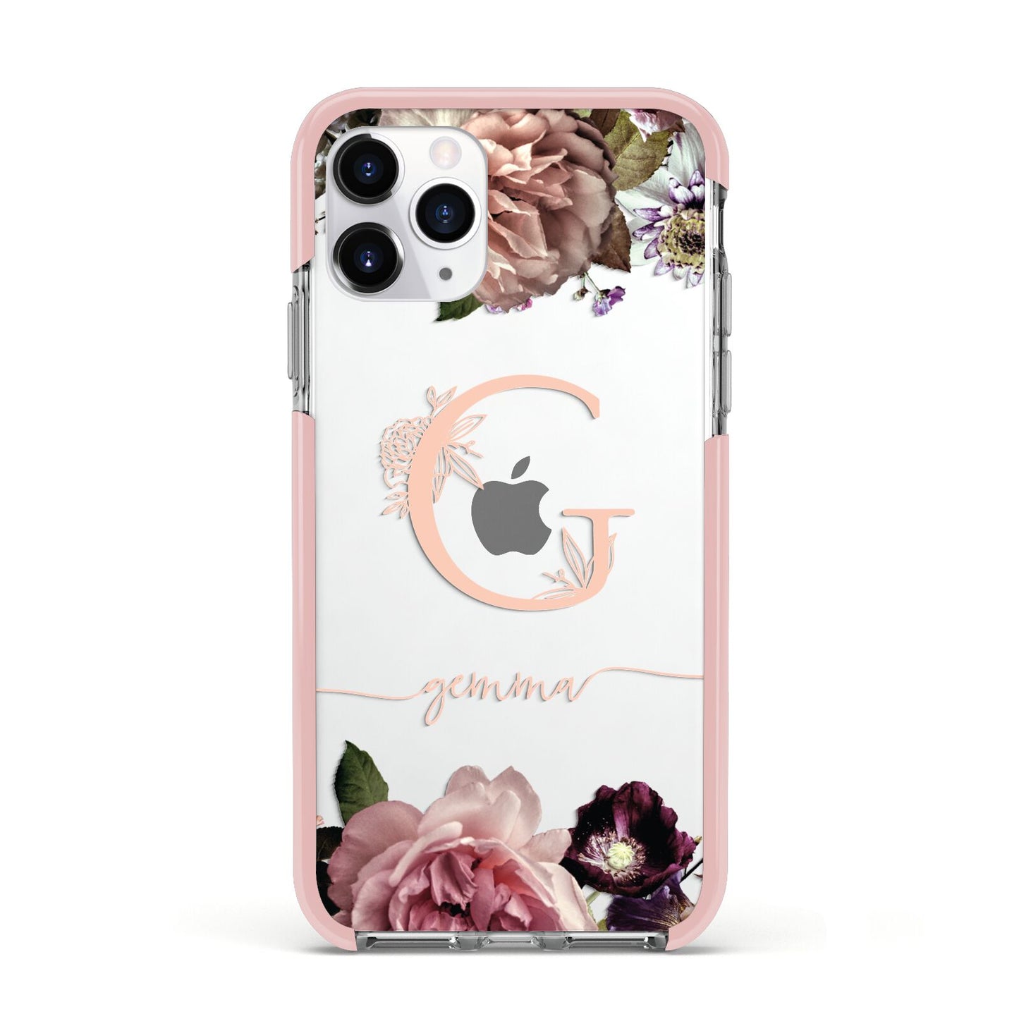 Vintage Floral Personalised Apple iPhone 11 Pro in Silver with Pink Impact Case