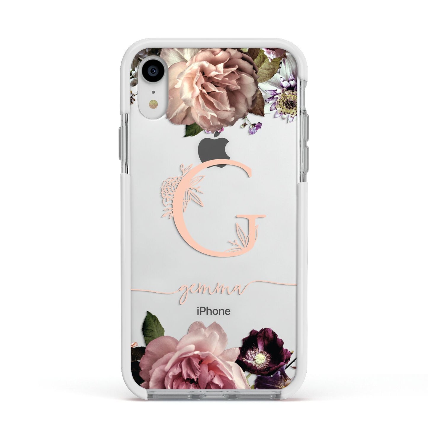Vintage Floral Personalised Apple iPhone XR Impact Case White Edge on Silver Phone