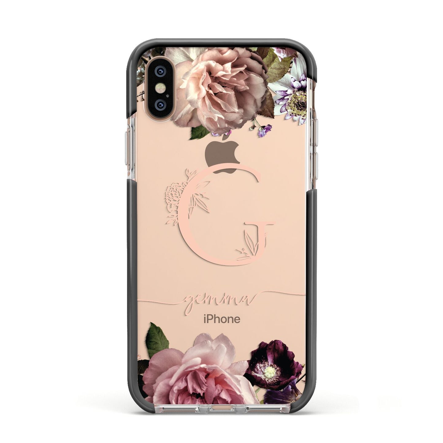 Vintage Floral Personalised Apple iPhone Xs Impact Case Black Edge on Gold Phone