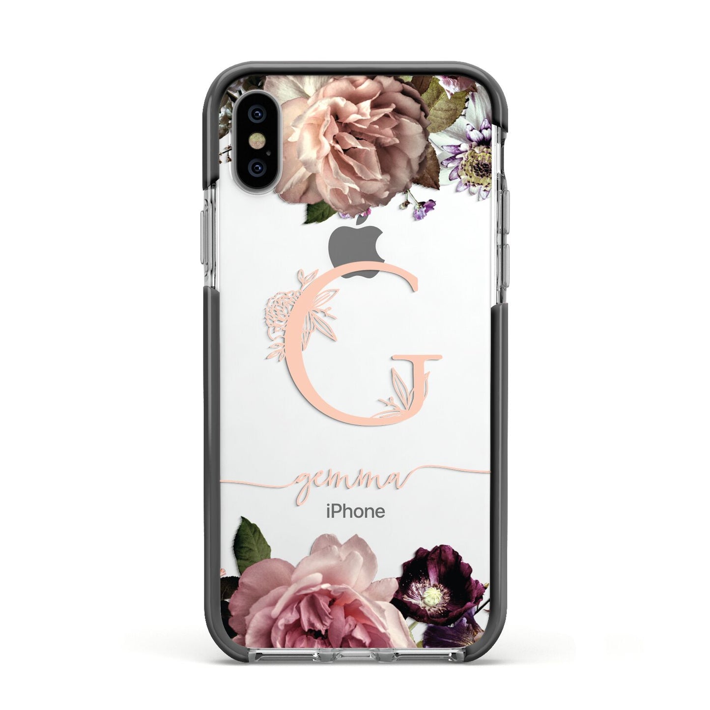 Vintage Floral Personalised Apple iPhone Xs Impact Case Black Edge on Silver Phone