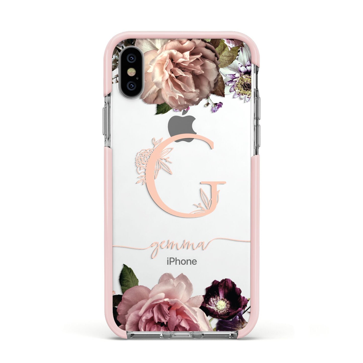 Vintage Floral Personalised Apple iPhone Xs Impact Case Pink Edge on Silver Phone