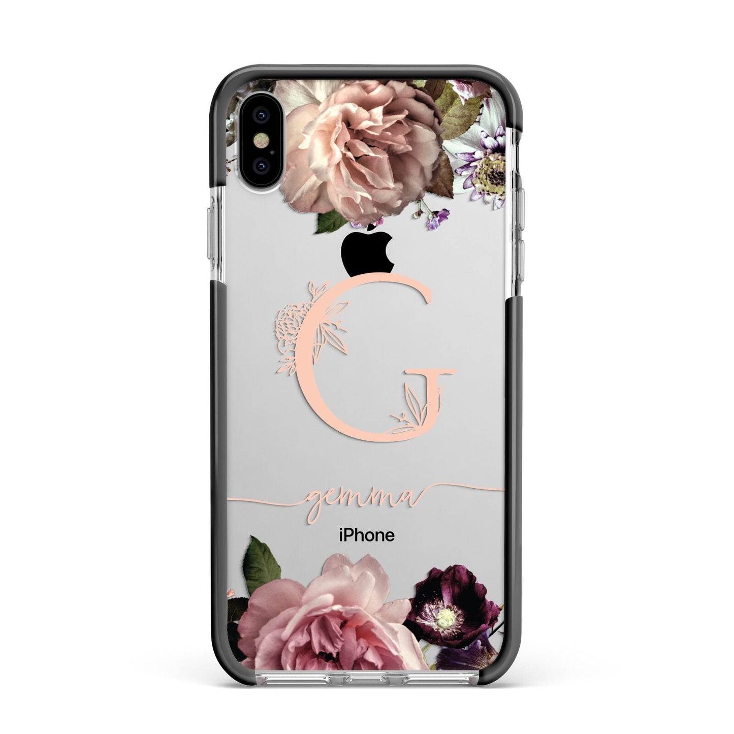 Vintage Floral Personalised Apple iPhone Xs Max Impact Case Black Edge on Silver Phone