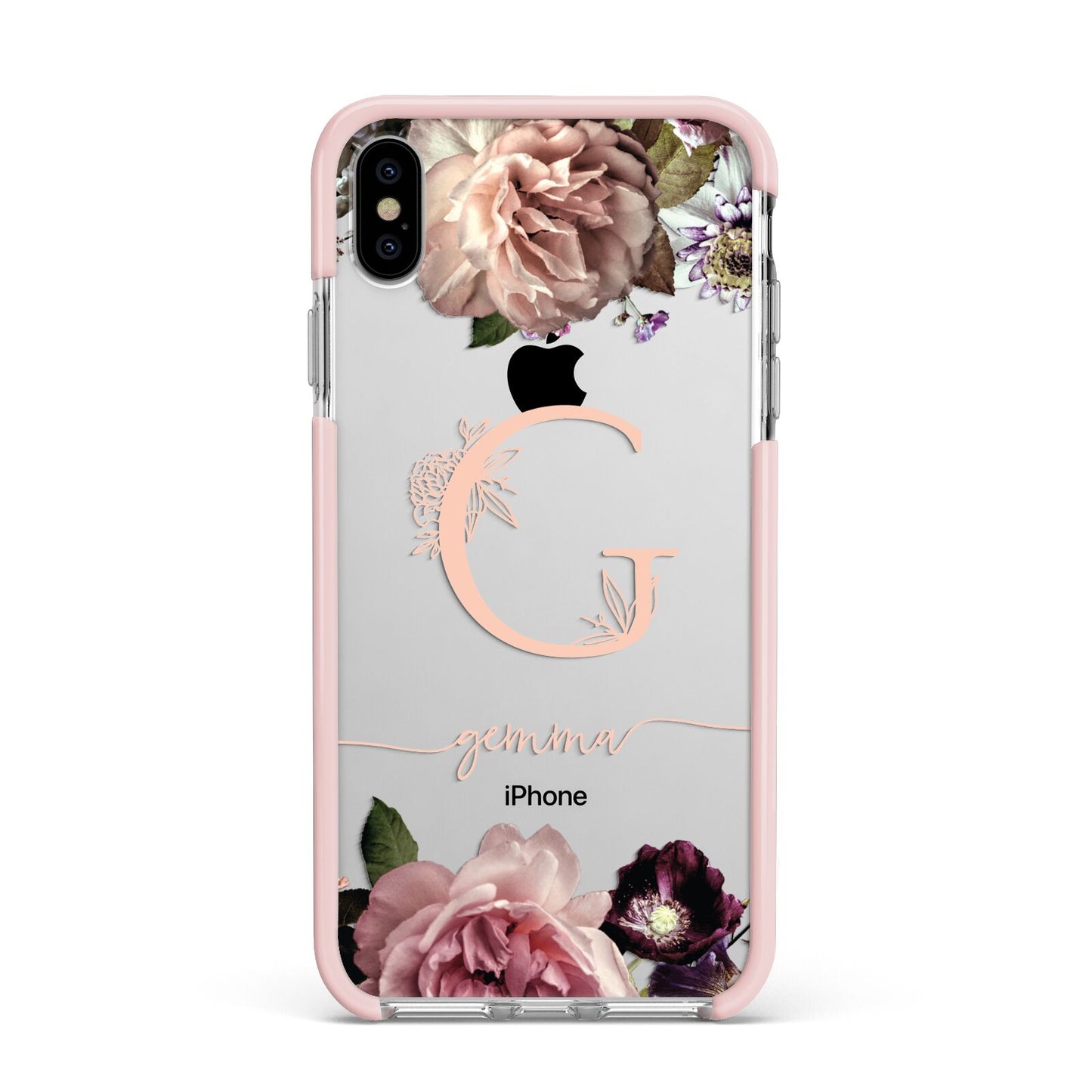 Vintage Floral Personalised Apple iPhone Xs Max Impact Case Pink Edge on Silver Phone