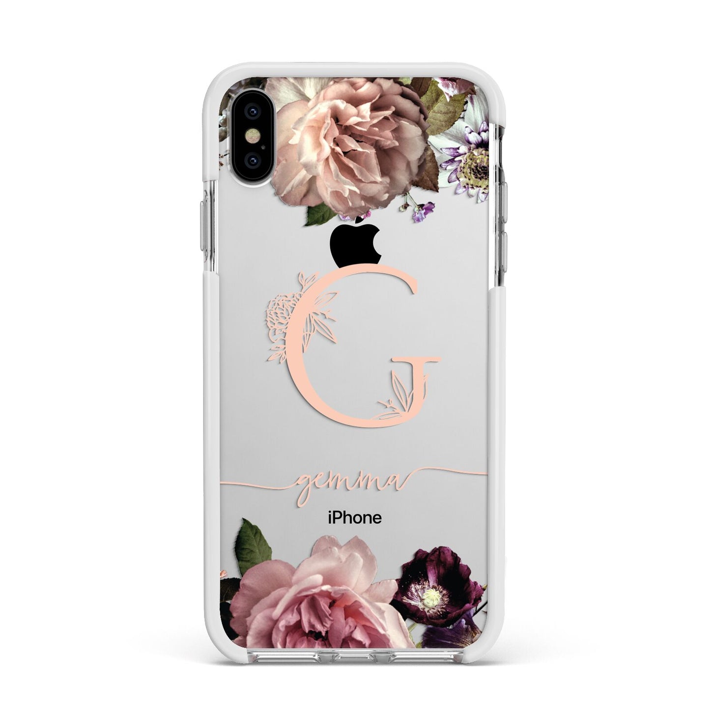 Vintage Floral Personalised Apple iPhone Xs Max Impact Case White Edge on Silver Phone