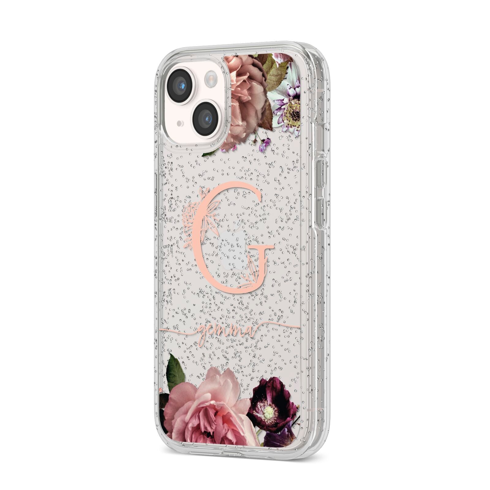 Vintage Floral Personalised iPhone 14 Glitter Tough Case Starlight Angled Image